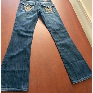 J Star Jeans Womens 7/8 Dark Wash Embroidered Flap Pocket Low Rise Bootcut Blue